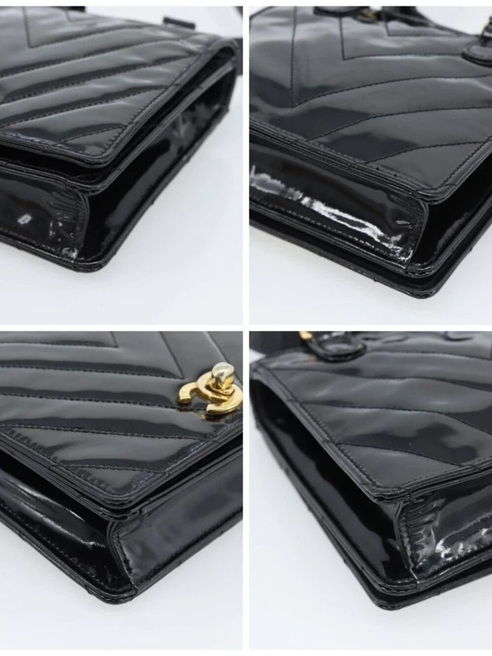 CHANEL V Stitch Waist bag Patent leather Black Gold CC Auth bs18829 - Picture 16 of 16